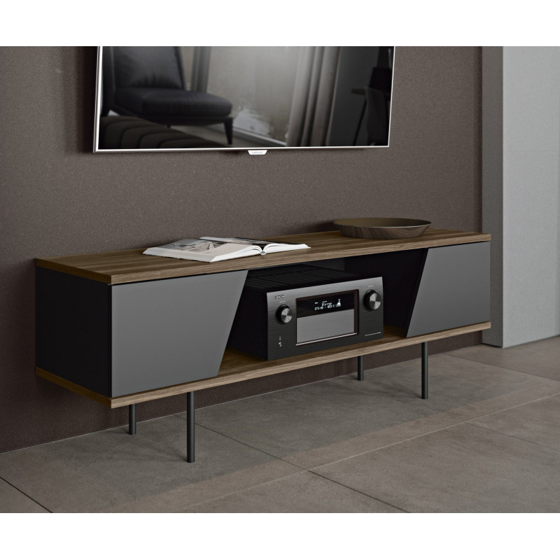 Meuble Tv Moderne Bois De Noyer Pieds Metal Noir Marque Temahome