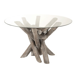 Table à manger ronde pieds bois plateau verre LIAM