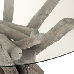 Table à manger ronde pieds bois palteau verre LIAM