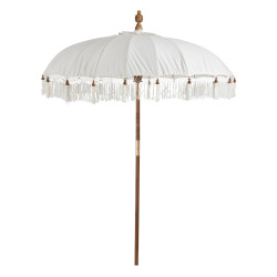 Parasol en bois et tissu beige à pompoms PILOU