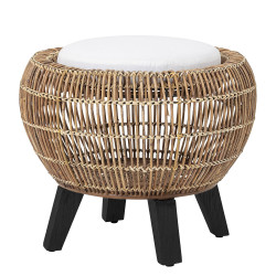 Pouf design rond en rotin avec coussin blanc PITCHOU