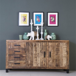 Buffet bas 2 portes 4 tiroirs 90x173cm en bois et métal