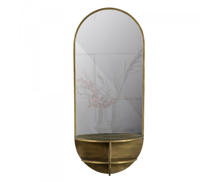 Miroir ovale avec étgaère en métal doré