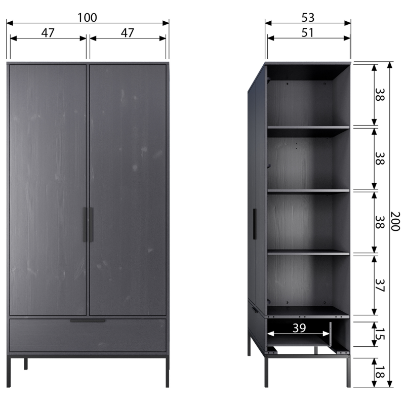 Armoire moderne 180x100cm en bois massif FSC MADAM