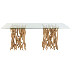 Table à manger 200x100cm en verre pieds naturel MANILLE