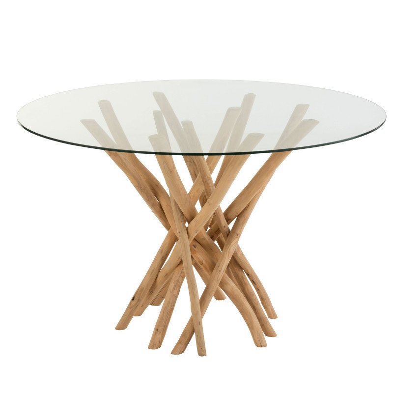 Table à manger ronde 120cm en verre pieds bois MANILLE