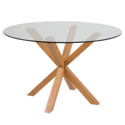 Table à manger ronde 119cm en verre pieds effet bois HAVAN