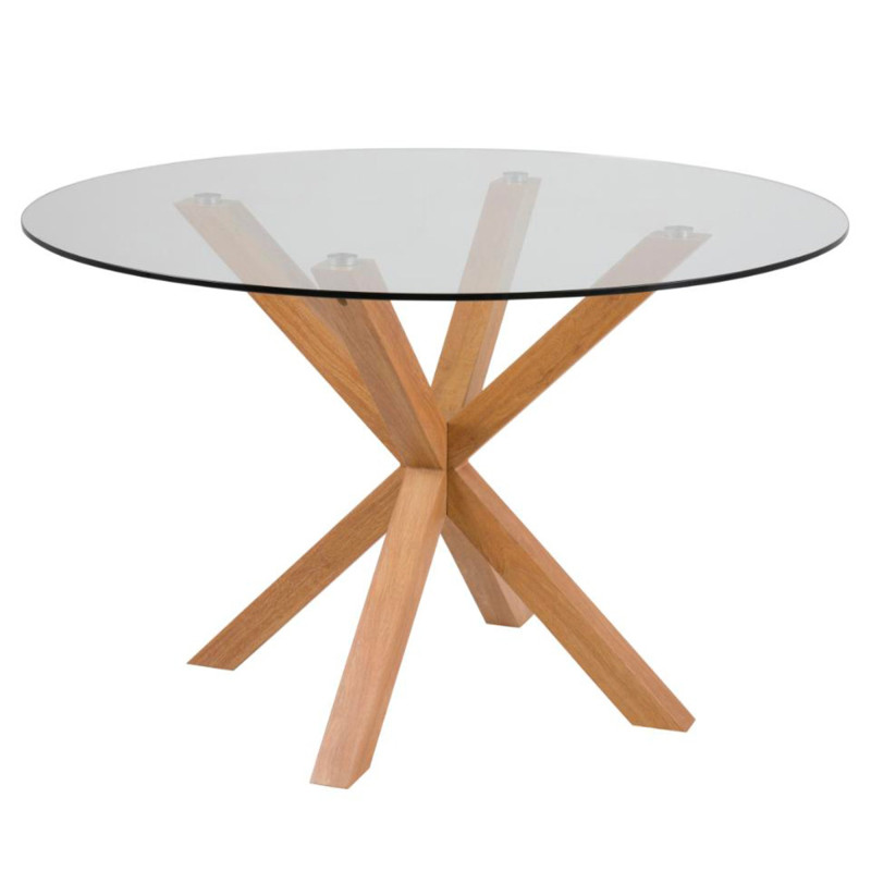 Table à manger ronde 119cm en verre pieds bois HAVAN