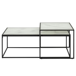 Lot de 2 tables gigognes effet marbre blanc et pieds métal noir BOLTA