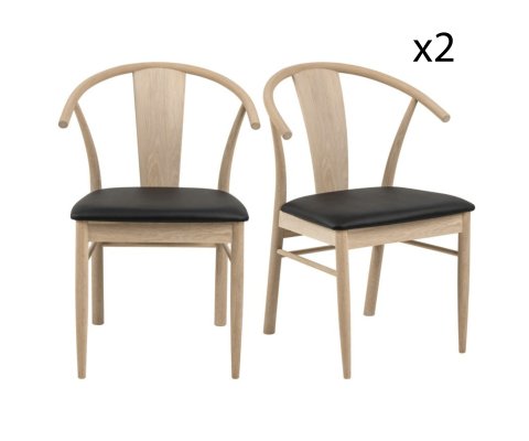 Lot de 2 chaises en bois clair coussin en simili noir JANIA