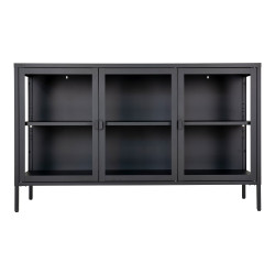 Buffet bas acier noir avec 3 portes vitrées en verre et étagère NOOSA