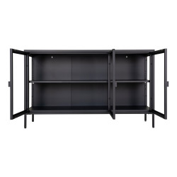Buffet bas acier noir avec 3 portes vitrées en verre et étagère NOOSA