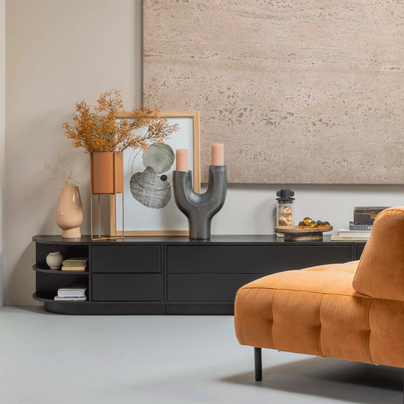 Meuble TV rond gauche 78cm en bois pin massif noir BUCK
