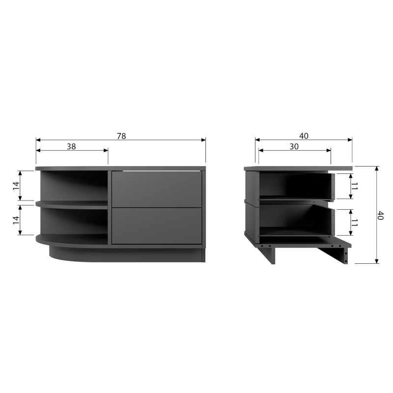 Meuble TV rond gauche 78cm en bois pin massif noir BUCK