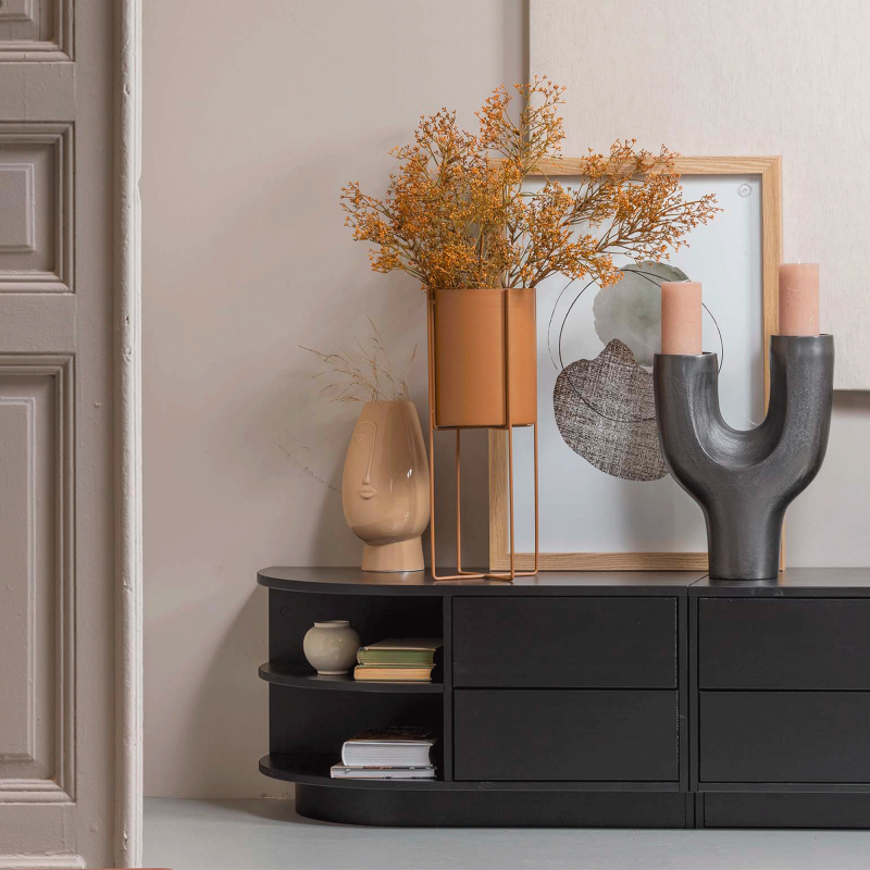 Meuble TV rond gauche 78cm en bois pin massif noir BUCK