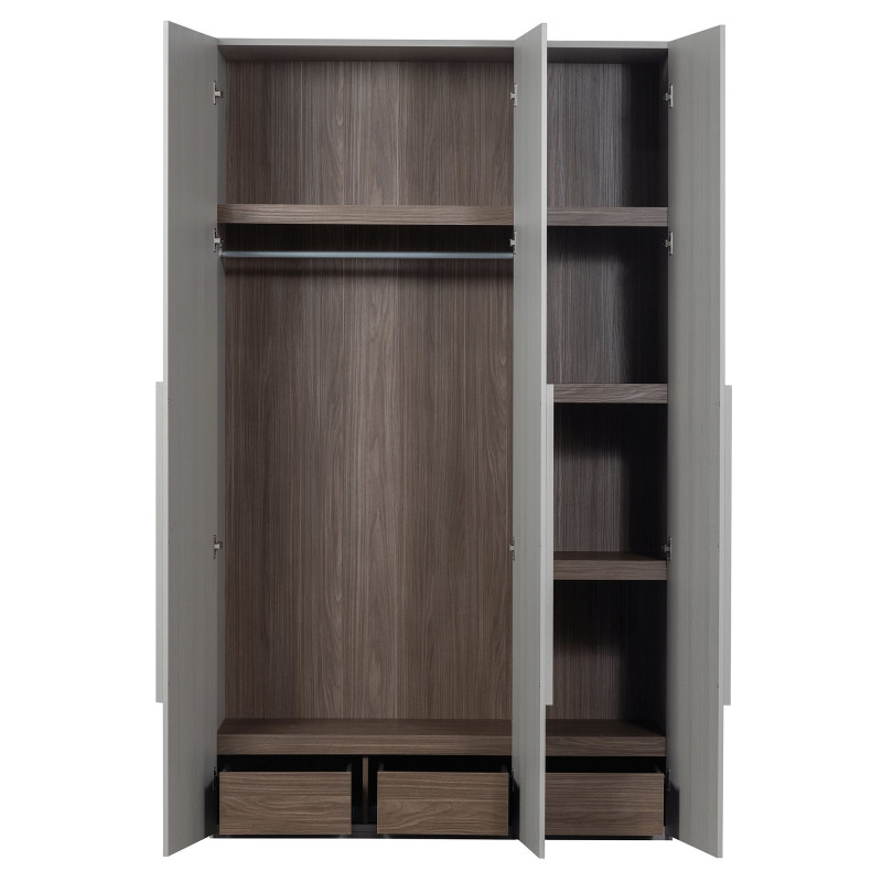 Grande armoire 3 portes en placage de noyer avec longue poignée couleur grise MAGBY
