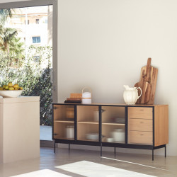 Buffet contemporain 4 portes 3 tiroirs en bois et verre BLUR