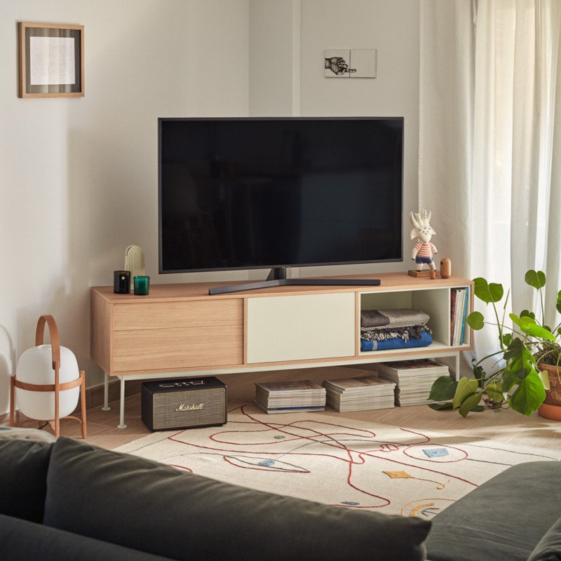 Meuble TV moderne 1 porte 2 tiroirs en bois et métal YOKO