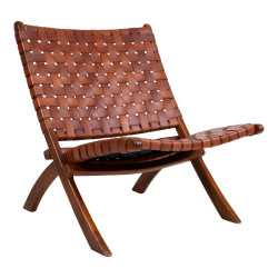 Fauteuil lounge en cuir tressé marron PAWOÏ