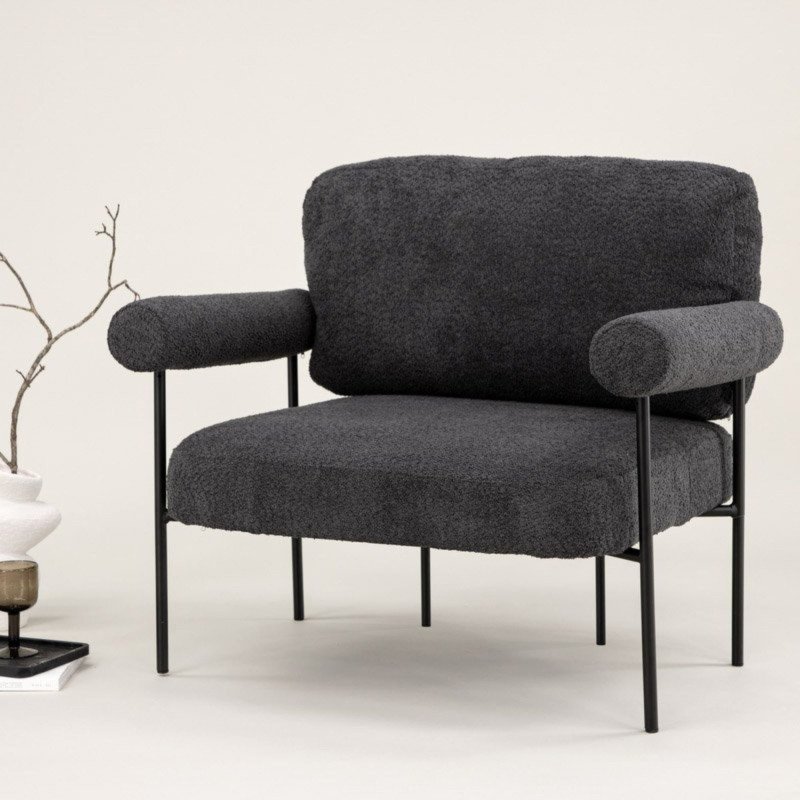 Fauteuil en tissu gris foncé et métal avec accoudoirs HUGUES