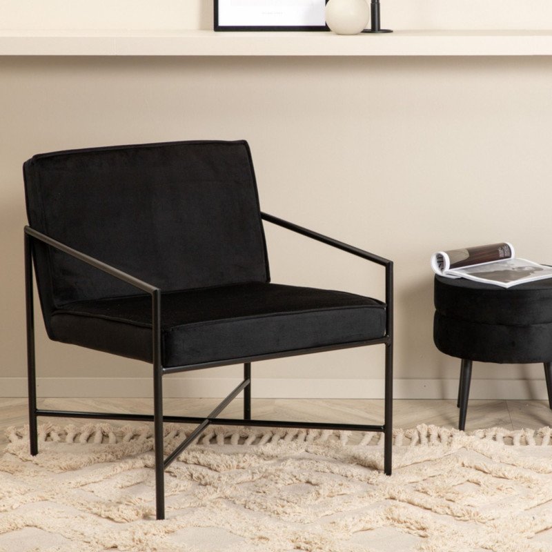 Fauteuil minimaliste en velours et métal noir RAPHAELLE