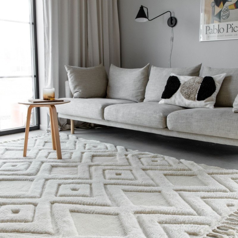 Tapis rectangulaire blanc style bohème en laine 230cm OTHMAN