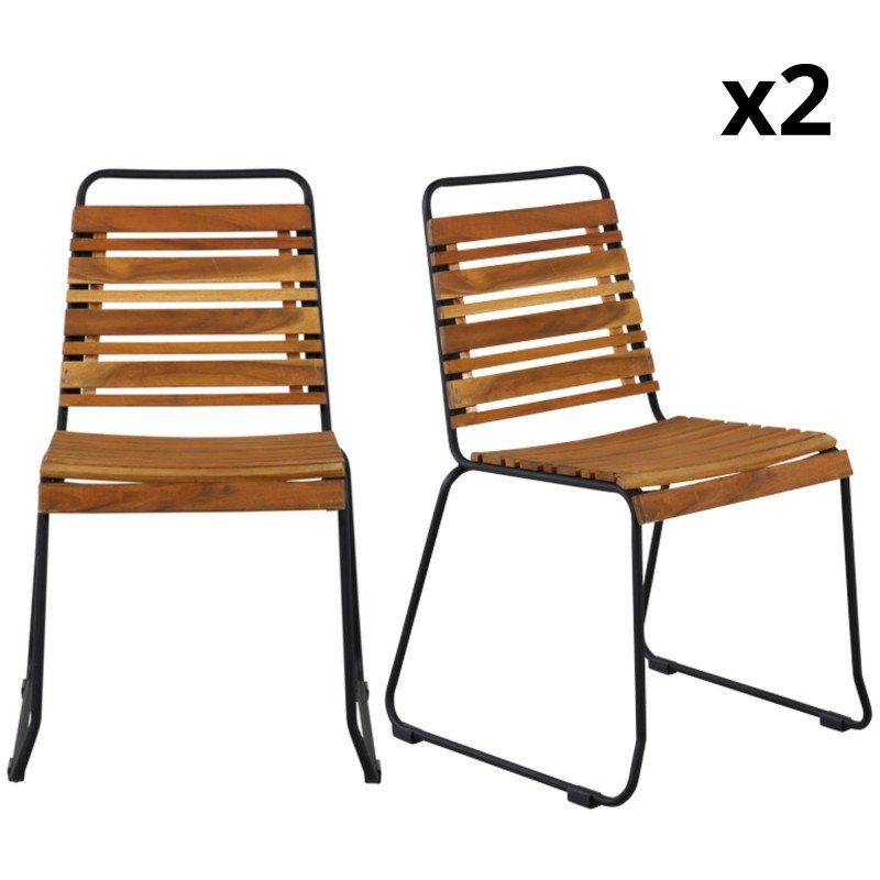 Lot de 2 chaises de jardin en métal noir et bois BUENA