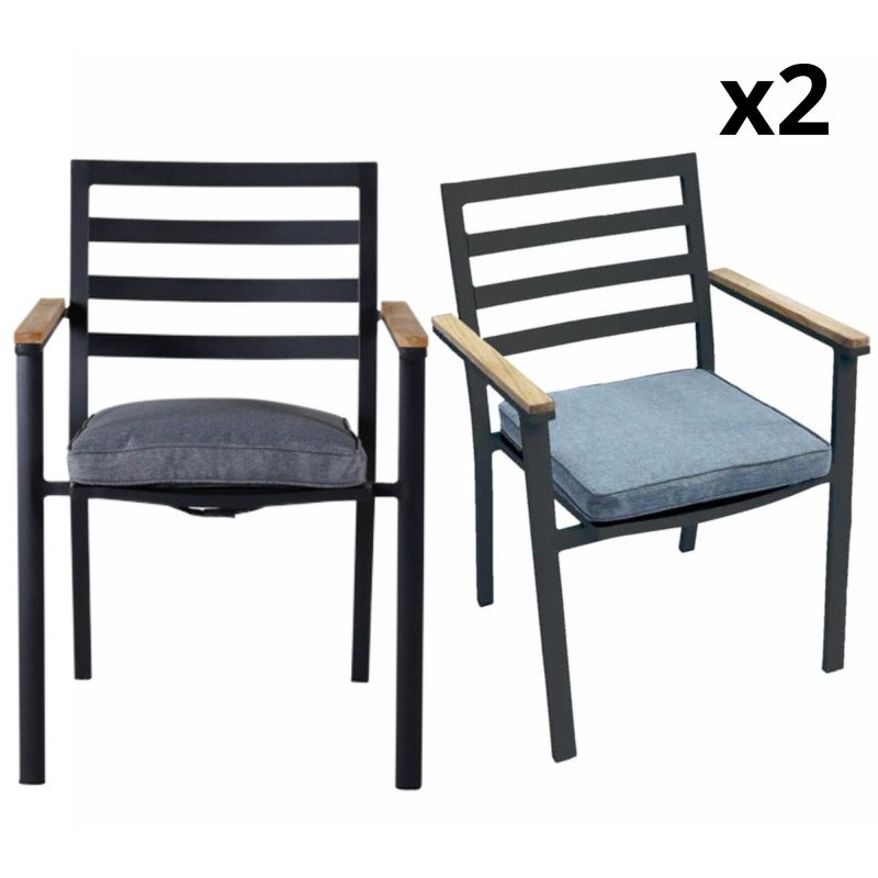 Lot de 2 chaises de jardin en métal noir avec coussin BELINDA