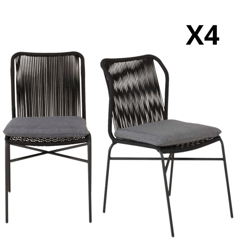 Lot de 4 chaises de jardin en corde noire PIURA