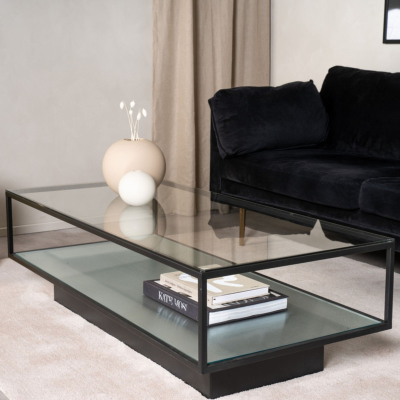Table basse moderne en métal avec plateau en verre MAGDA