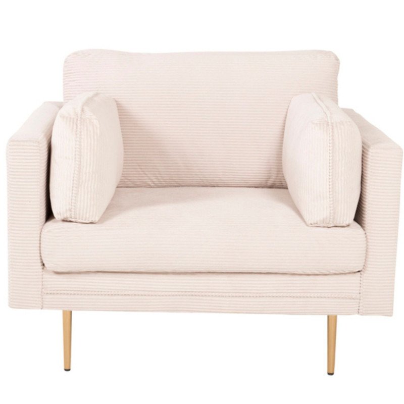 Fauteuil en velours côtelé beige avec pieds en métal doré ROMEO