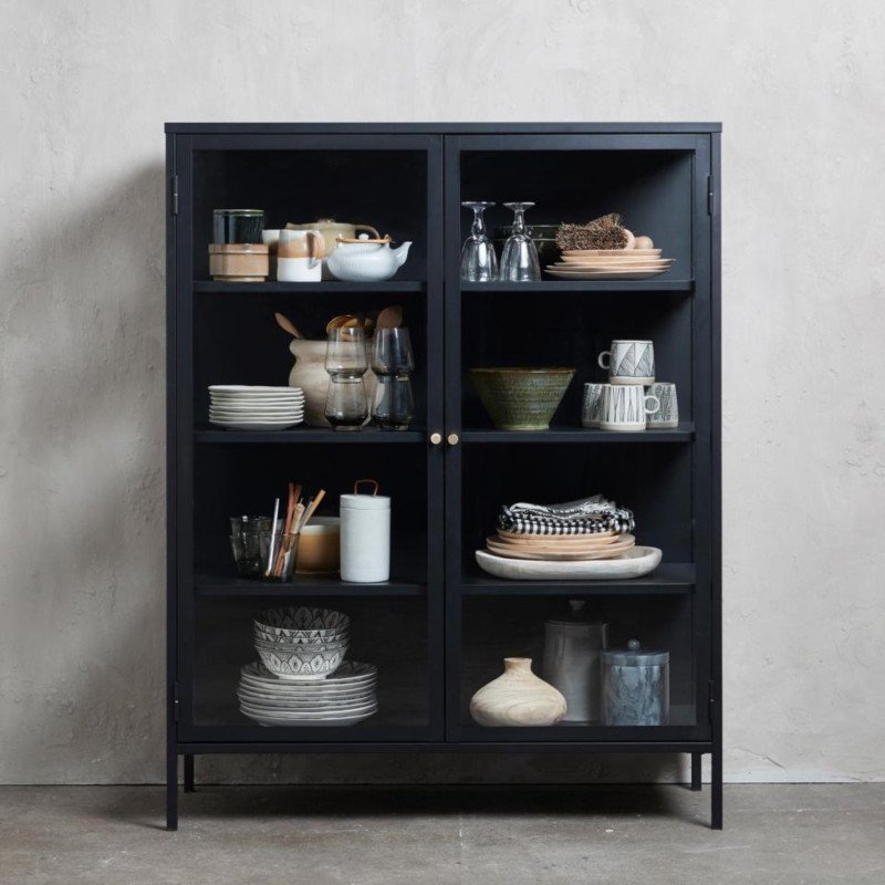 Buffet haut élégant en métal noir et portes vitrées 140cm MERLIN