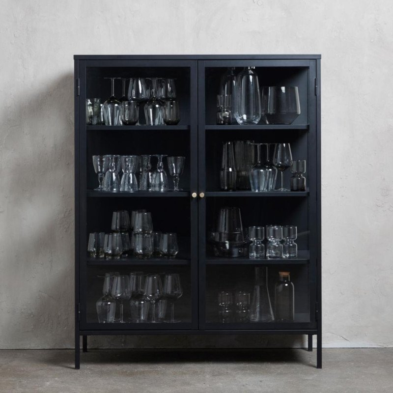 Buffet haut élégant en métal noir et portes vitrées 140cm MERLIN