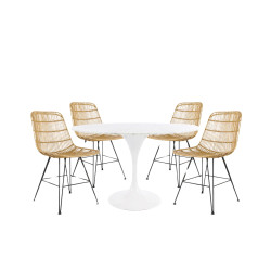 Table à manger marbre FLOWER 120cm + 4 chaises rotin RATTAN