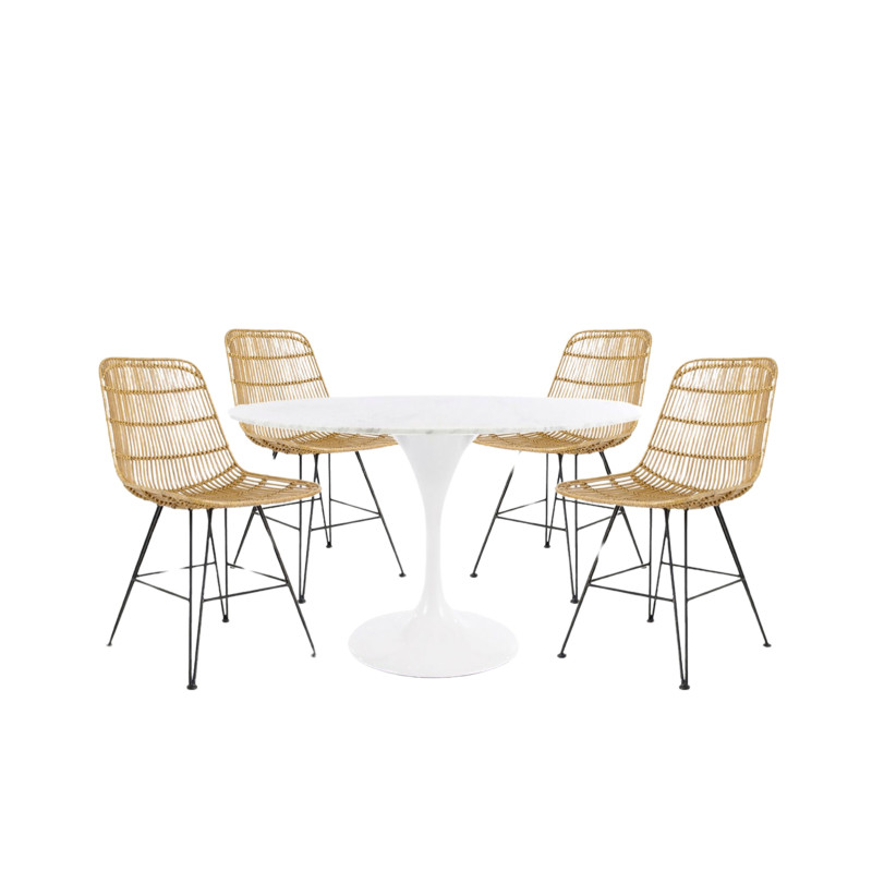 Table à manger marbre FLOWER 120cm + 4 chaises rotin RATTAN