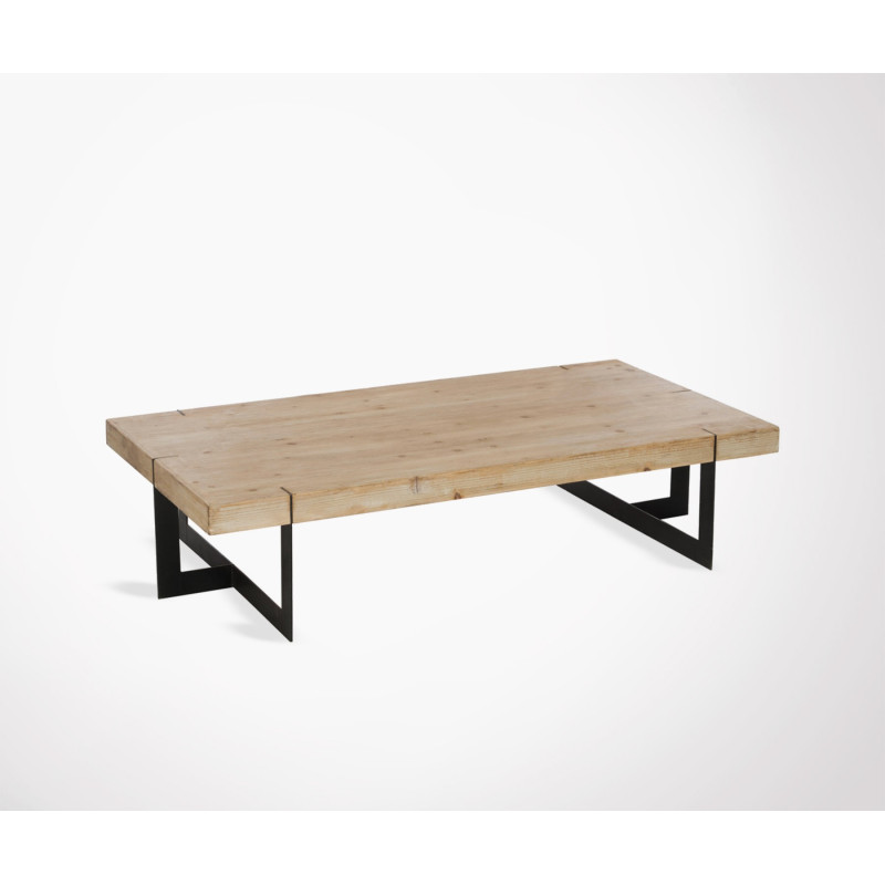 Grande Table Basse 150cm Bois Massif Et Métal Noir Style Industriel