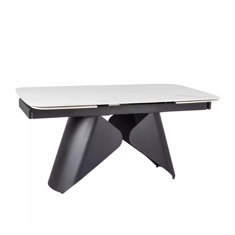 Table à manger extensible 160 + 80 cm, plateau en céramique blanc mat ARMANDO