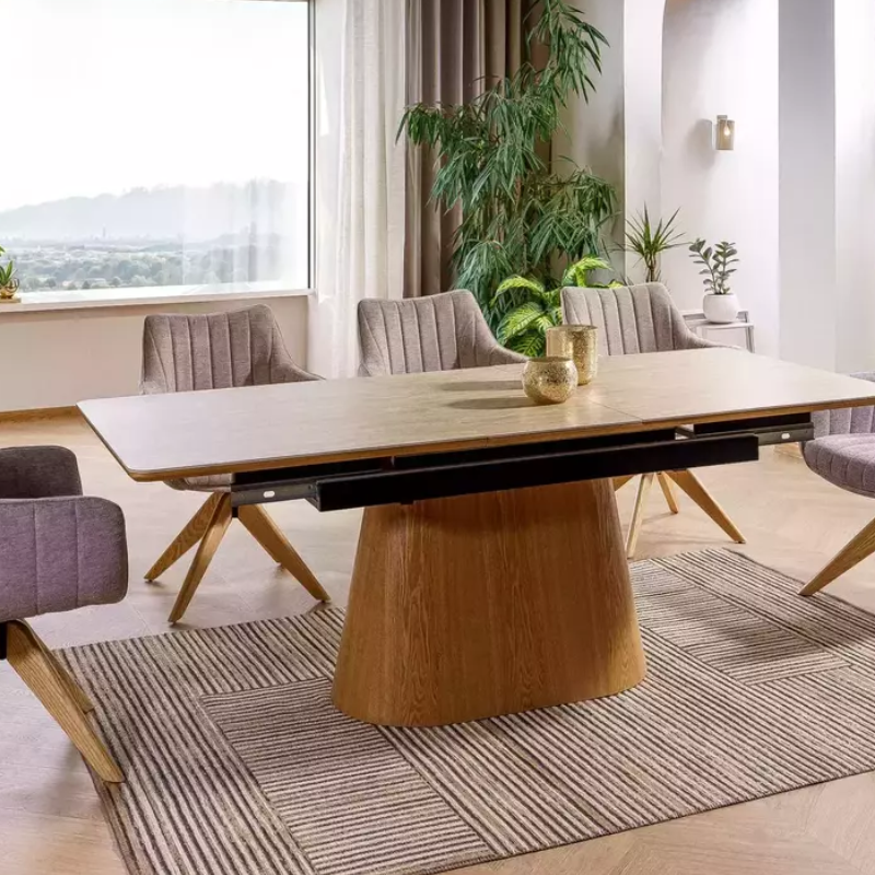 Table extensible 160 + 80 cm en céramique beige mat et chêne - MONACO