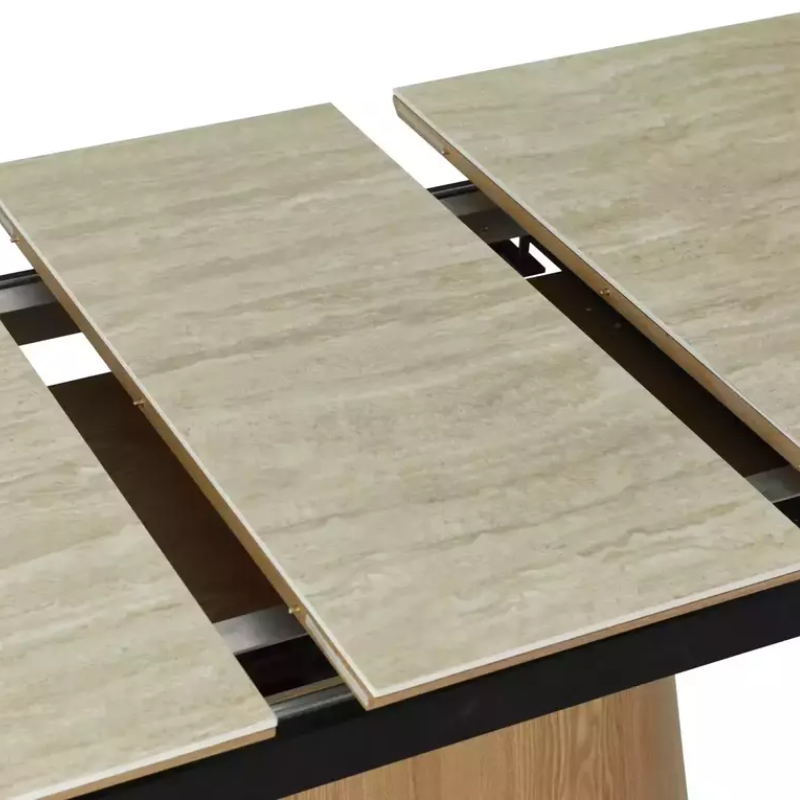 Table extensible 160 + 80 cm en céramique beige mat et chêne - MONACO