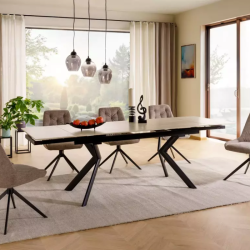 Table NORTON extensible 160 + 80 cm en céramique beige mat, pieds noirs