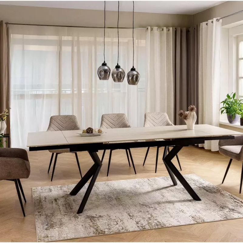Table NORTON extensible 160 + 80 cm en céramique beige mat, pieds noirs