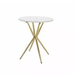 Table basse ronde NAVI, en céramique blanc avec base en métal doré.