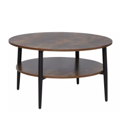 Table basse ronde 80 cm, bois rustique et pied en métal noir.