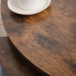 Table basse ronde 80 cm, bois rustique et pied en métal noir.