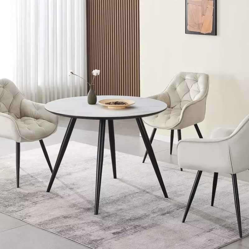 Table repas ronde 6 personnes céramique blanche effet marbre MIRENZAZ