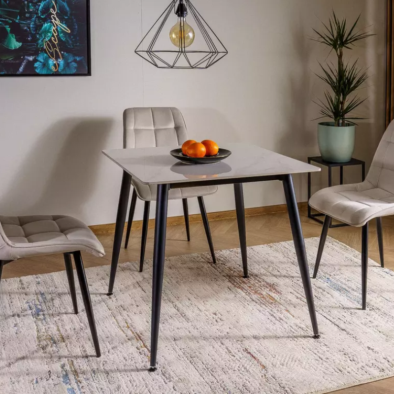 Table 80 x 80 cm blanche céramique & métal noir NERISIA
