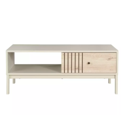 Table basse moderne rectangulaire avec rangement chêne et blanc cassé ONYXIA