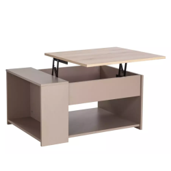 Table basse moderne relevable avec rangement chêne et beige ALOHANA
