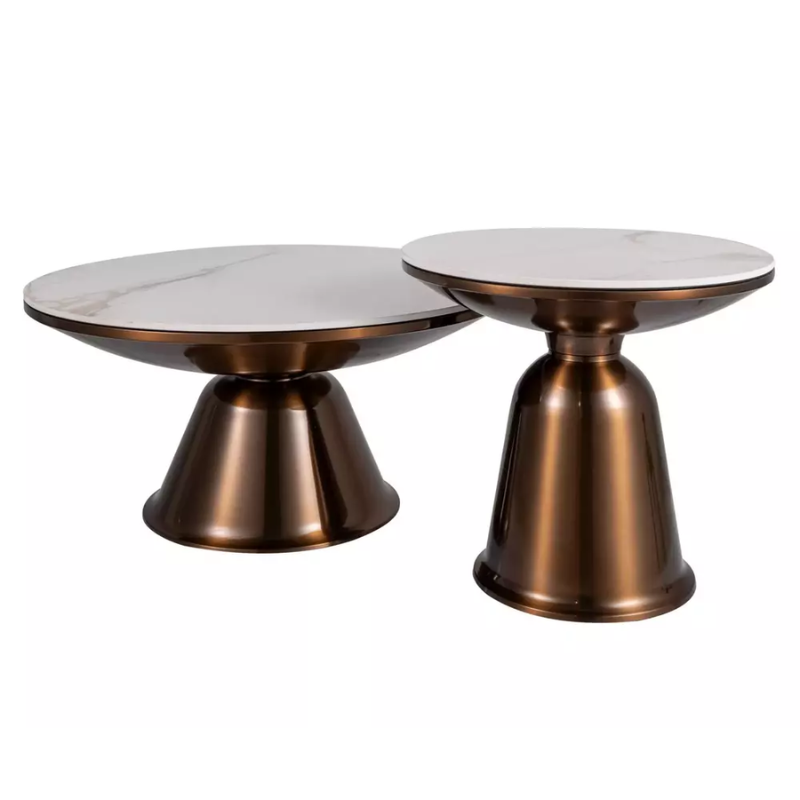 Deux petites tables basses céramique finition marbre blanc et cuivre LIVENTO