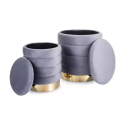 Duo de deux poufs gris avec rangement et base dorée BILLES